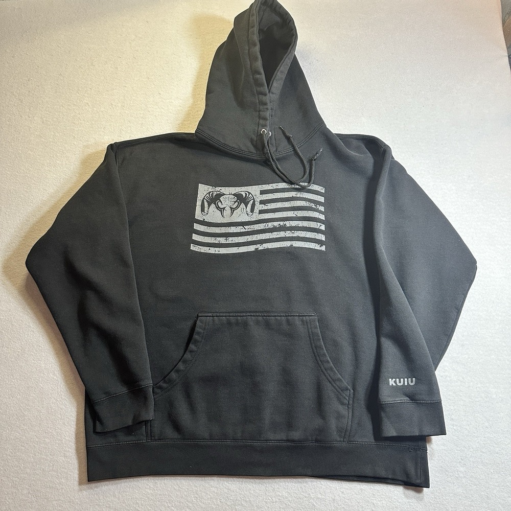 KUIU Hoodie Mens XL Black American Flag USA Logo Fleece Pullover Sweatshirt